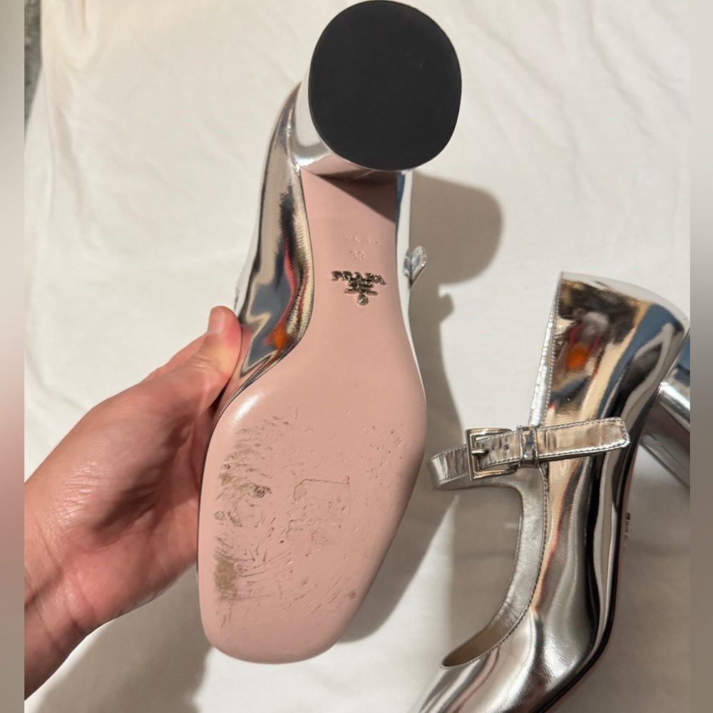 Prada Metallic Leather Mary Jane Pumps Silver - image 5